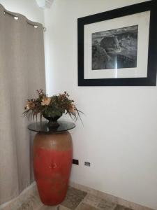 a large red vase with a plant in a room at Brothers Townhouse Puerto Peñasco, Centro in Puerto Peñasco