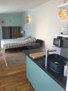 una cocina con fregadero y una cama en una habitación en Chambre studio indépendante au calme vue sur piscine en Teyran