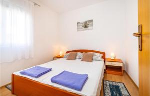 sypialnia z dużym łóżkiem z 2 fioletowymi poduszkami w obiekcie Amazing Apartment In Krusevo w mieście Kruševo +17 zdjęć