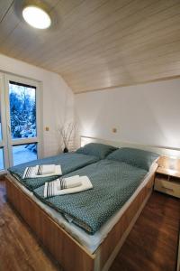 ein großes Bett in einem Zimmer mit einem großen Fenster in der Unterkunft GARAGE Harrachov in Harrachov