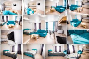 a collage of photos of a living room with blue furniture at ATLANT Apartments 158а in Voronezh