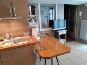 a kitchen with a sink and a table and a tv at Appartement T2 sur cour nantaise in Rezé