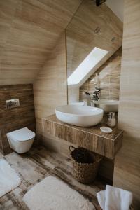 ein Badezimmer mit einem Waschbecken, einem WC und einem Spiegel in der Unterkunft Wzgórze Marzeń in Zembrzyce