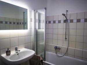 y baño con lavabo y ducha. en Zwickau Innenstadt Deluxe Apartment en Zwickau