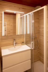 uma casa de banho com um lavatório e um chuveiro em Super Cannes Sea Side em Vallauris