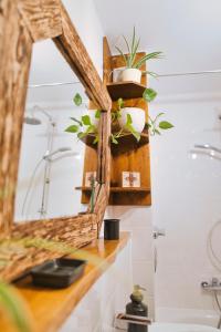 a bathroom with a mirror and some plants on a counter at Apartment Bavaria - Zentral mit Stellplatz, Küche & Netflix in Pfaffenhofen an der Ilm