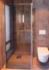 La salle de bains est pourvue d'une cabine de douche et de toilettes. dans l'établissement King's Park, à Tromsø