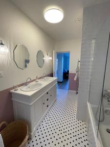 a bathroom with a sink and two mirrors and a shower at Ambiance Seine, appartement surplombant la Seine -51 M2, Anémone- in Thomery +13 photos