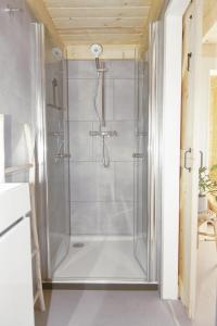 a bathroom with a shower with a glass door at NEW! Tiny House Lantliv Oostkapelle, bij de boer in Oostkapelle