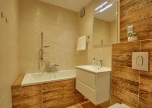 烏斯奇基的住宿－Apartament Zielony Zakątek，一间带水槽、浴缸和镜子的浴室