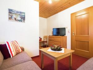 ein Wohnzimmer mit einem Sofa und einem Tisch mit einem TV in der Unterkunft Apartment near the ski area in Wagrain in Wagrain