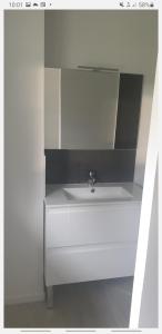 y baño con lavabo blanco y espejo. en Loue joli T2,neuf, de 50m2, dans un cadre paisible en Saint-Gervais-dʼAuvergne