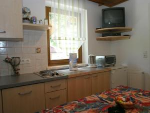 cocina con fregadero y TV en la pared en Modern holiday apartment in Rennweg am Katschberg, en Rennweg