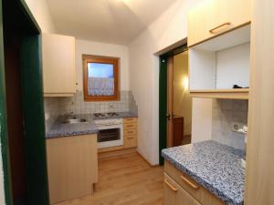 a small kitchen with white cabinets and a sink at Cosy Apartment in Weissensee near Ski Lift in Weissensee