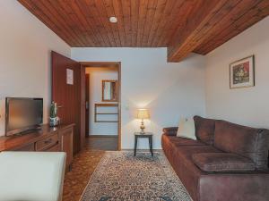 ein Wohnzimmer mit einem braunen Sofa und einem TV in der Unterkunft Sunlit Apartment near Ski Area in Tyrol in Kirchdorf in Tirol