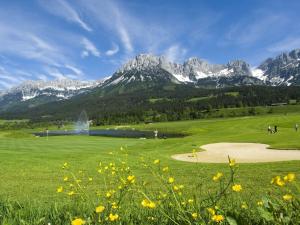un parcours de golf dans un champ avec des montagnes en arrière-plan dans l'établissement Flat directly on the ski slope with valley view, à St. Johann in Tirol