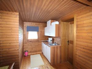 a kitchen in a wooden cabin with a sink at Beautiful holiday apartment in a renovated farmhouse in Fresach Carinthia in Fresach