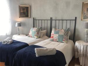 2 camas con sábanas y almohadas azules y blancas en Lupela Lodge, en Lady Grey