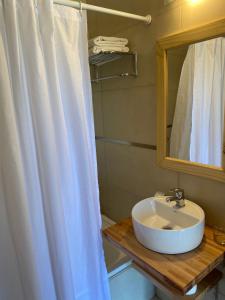 a bathroom with a sink and a shower curtain at Hostería Las Nieves in Villa La Angostura