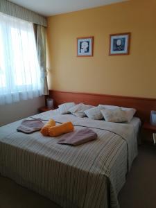 - une chambre avec un grand lit et des serviettes dans l'établissement Beatrix Apartments, à Bük