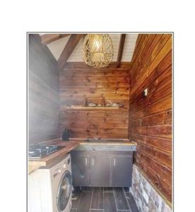a kitchen with a sink and a washing machine at Magnifique maison en bois avec piscine in Sainte-Anne