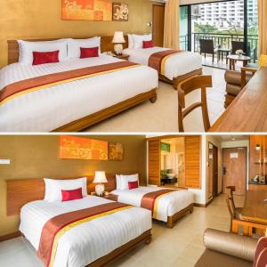 a hotel room with two beds and a desk at Cosy Beach Hotel - SHA Extra Plus in Pattaya South