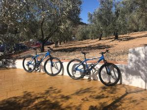 zwei Fahrräder, die nebeneinander auf einem Bürgersteig geparkt sind in der Unterkunft Hacienda Fresneda María by Charming Stay Adults Recommended in Villanueva del Rosario