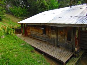 una pequeña casa de madera con techo de estaño en Refugio Montaña Kultrun Mawida, Habitación con baño y cocina privada, en Curacautín