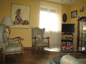 Vega de Infanzones的住宿－Casa Constanza，客厅配有两把椅子、一张桌子和一台电视