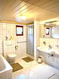 a bathroom with a toilet and a sink and a tub at Appartement Maximilian in Tux