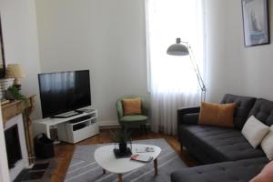 uma sala de estar com um sofá e uma televisão em Le millesime 2 : hyper centre em Troyes