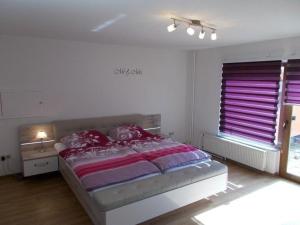 フリードリッヒシュブルンにあるJanos-Ferienwohnungのベッドルーム1室(ベッド1台付)、紫色のブラインド付きの窓が備わります。