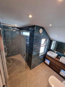 a large bathroom with a shower and a toilet at Chy Mor Apartment 1 in St Ives