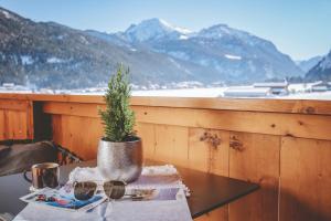 a table with a potted plant on a balcony with mountains at loisi's Boutiquehotel in Achenkirch