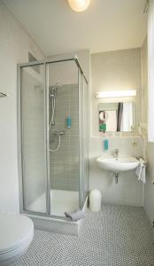 La salle de bains est pourvue d'une douche, de toilettes et d'un lavabo. dans l'établissement Apart' Hotel, à Kehl