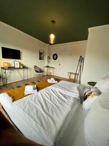 a large white bed in a room with a tv at Schlafen über der Whiskybar in Rüdesheim am Rhein