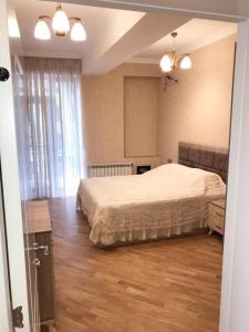Schlafzimmer mit einem Bett und Holzboden in der Unterkunft Family Apartment in Baku