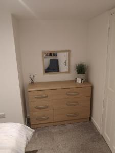 a bedroom with a dresser with a mirror on it at High gables Apartment 1 in Paignton