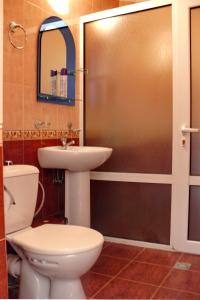 uma casa de banho com um WC, um lavatório e um chuveiro em Erazank Hotel em Guiumri
