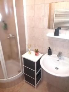 a bathroom with a sink and a shower at APARTMA ROŽLE - ROGLA in Vitanje