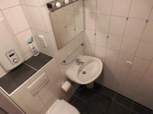 a small bathroom with a toilet and a sink at Fewo 91 WHG B 15 in Burhave in Burhave