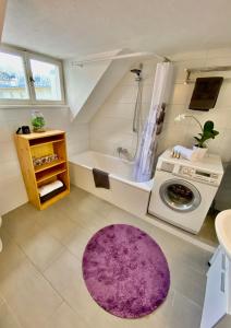 a bathroom with a purple rug and a washing machine at Zentrales Apartment Pfänderblick in Bregenz
