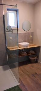 uma casa de banho com um lavatório e uma cabina de duche em vidro. em Het Innerhof em Opglabbeek