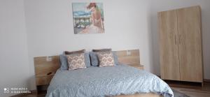 a bedroom with a bed and a painting on the wall at La Casa Alana in Vişeu de Jos