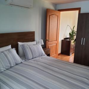 1 dormitorio con 1 cama grande y cabecero de madera en Hostal Ejecutivo, en Victoria