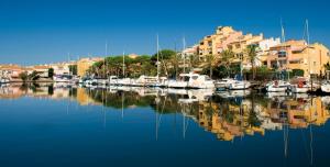 a group of boats docked in a marina with buildings at superbe studio avec piscine, ascenseur et accès direct sur le port in Cap d'Agde