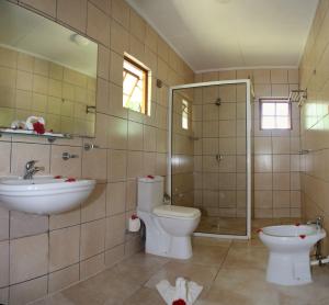 ein Bad mit einem WC, einem Waschbecken und einer Dusche in der Unterkunft Le Surmer Self Catering Chalets in La Digue