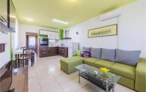 Ripenda KrasにあるAwesome Apartment In Labin With 1 Bedrooms And Wifiのリビングルーム(緑のソファ付)、キッチンが備わります。