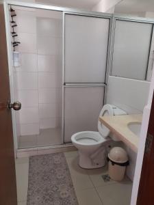 a bathroom with a toilet and a shower and a sink at Departamento Planta Baja con parqueo en Condominio in Santa Cruz de la Sierra