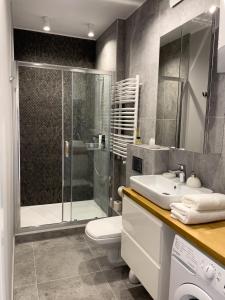 y baño con ducha, aseo y lavamanos. en URBAN APARTMENTS STUDIO No 3A Chorzów Katowice, FREE PRIVATE PARKING, en Chorzów